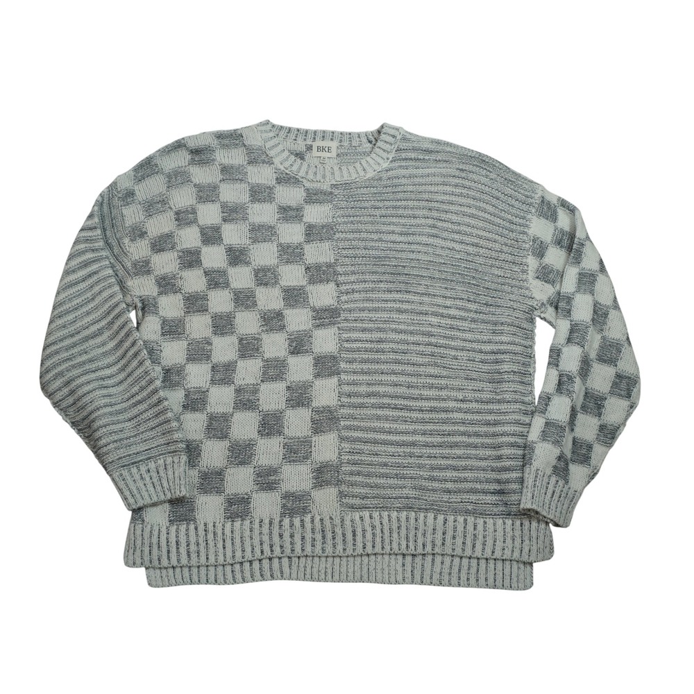 BKE Men's Size Medium Checkerboard Split Panel Knit Crewneck Sweater Grey Cream
